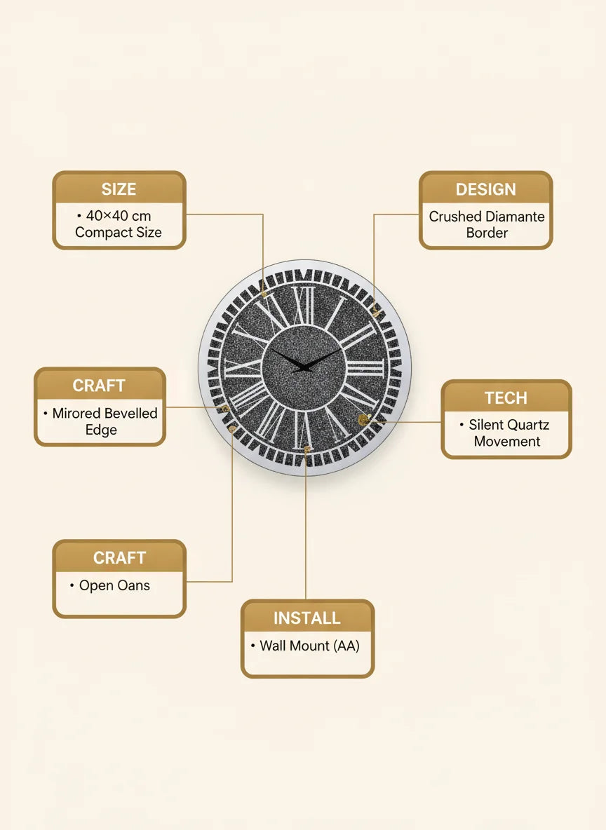 Bevelled Diamante Round Wall Clock 40cm – Silent Silver Luxury Wall Design | Sparkle Decors UK